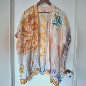 Chico's 100% Silk Watercolor Kimono with Yellow and Cream Accents One Size